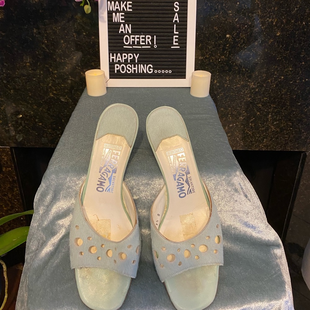 Salvatore Ferragamo, Light Blue, Furry, Low Heel Shoes. Size 9 1/2.